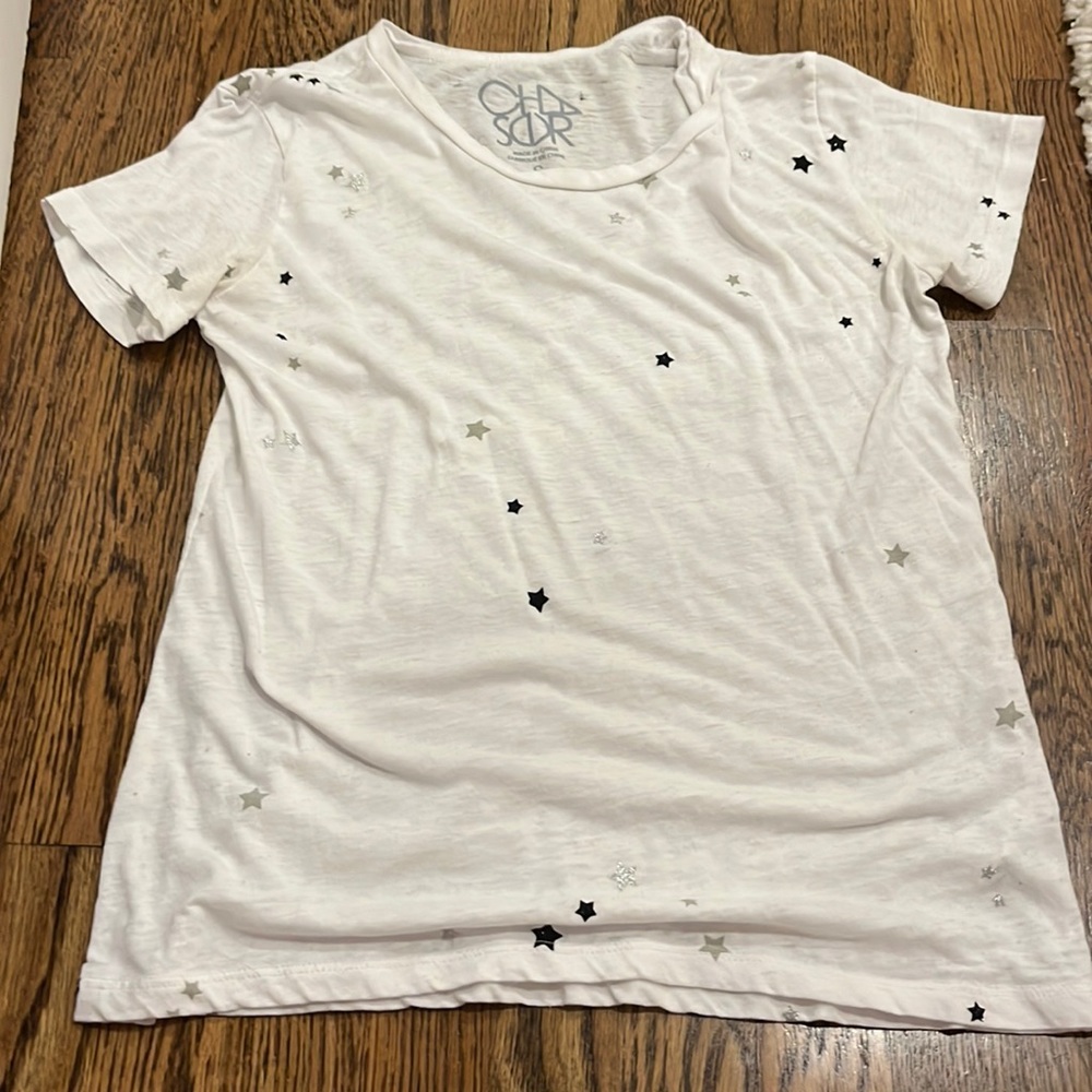 white tee with stars; from brand CHASER; size small